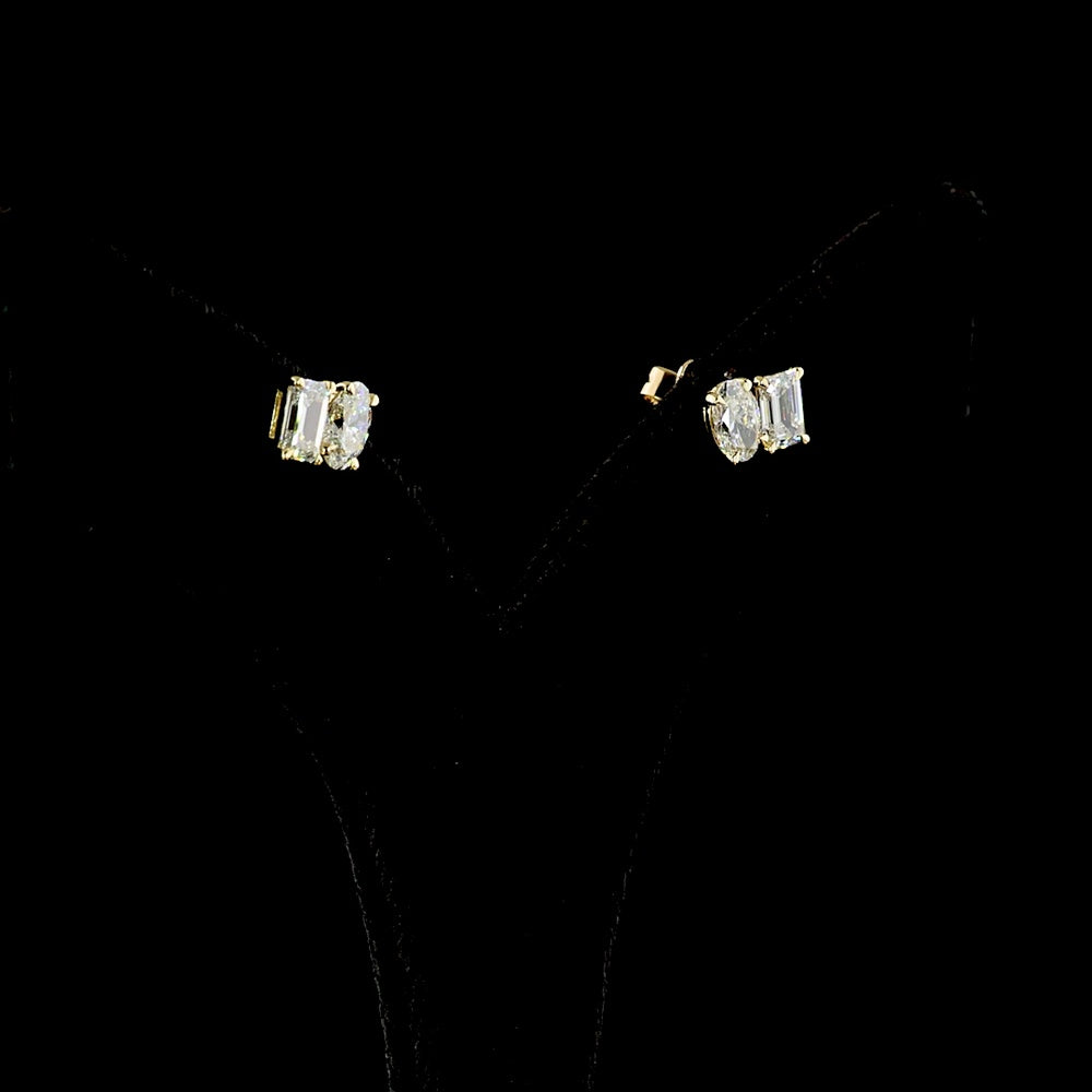 14K Yellow Gold Toi Et Moi Stud Earrings with Inclined Oval and Emerald Cut Lab Diamonds - 1.82 Carats Total Diamond Weight - Covaloro Fine Jewelry