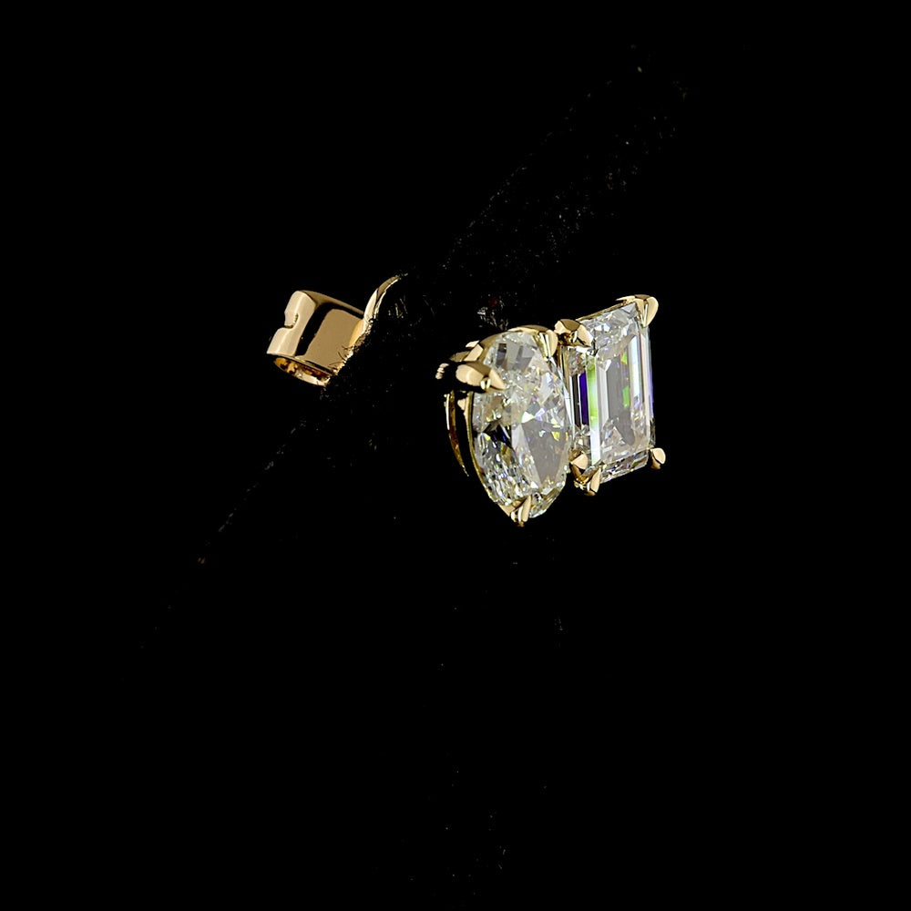 14K Yellow Gold Toi Et Moi Stud Earrings with Inclined Oval and Emerald Cut Lab Diamonds - 1.82 Carats Total Diamond Weight - Covaloro Fine Jewelry