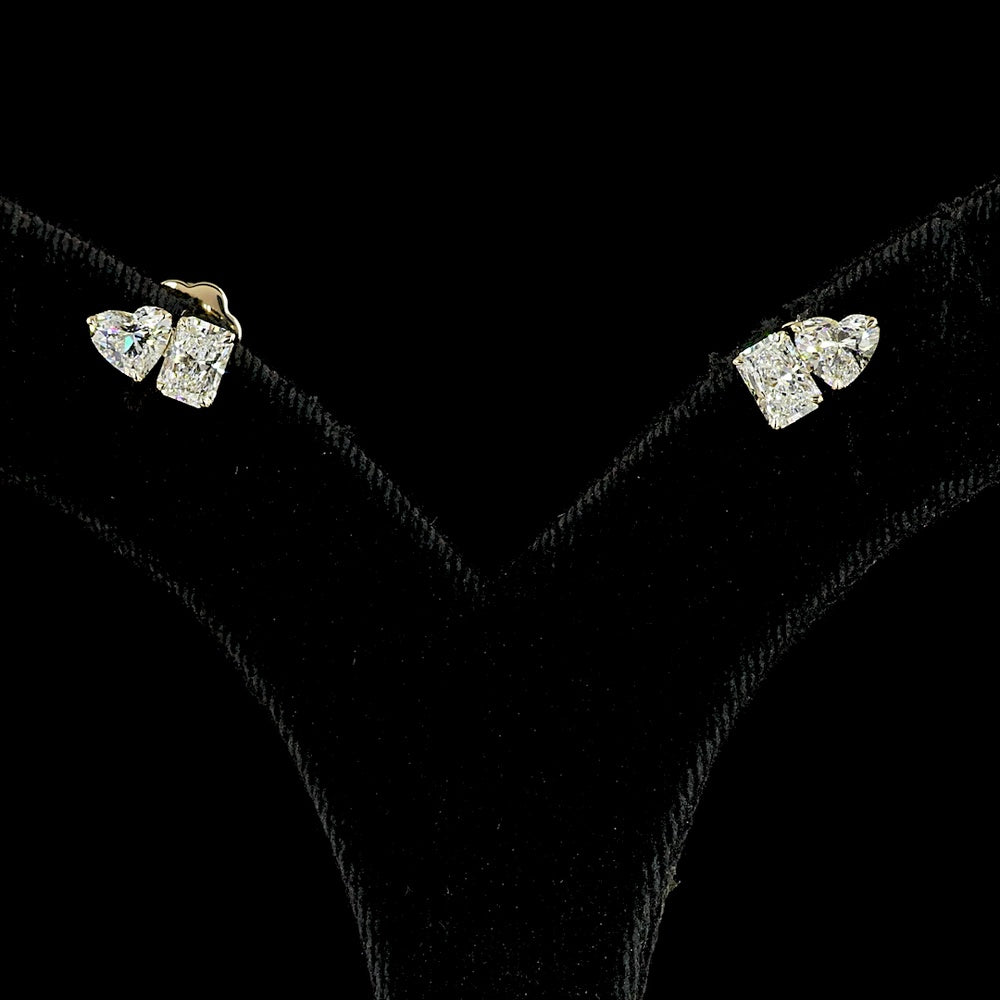 14K Yellow Gold Toi et Moi Stud Earrings with Radiant and Heart Shape Lab Diamonds - 1.95 Carats Total Diamond Weight - Covaloro Fine Jewelry