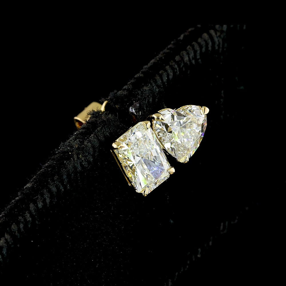 14K Yellow Gold Toi et Moi Stud Earrings with Radiant and Heart Shape Lab Diamonds - 1.95 Carats Total Diamond Weight - Covaloro Fine Jewelry