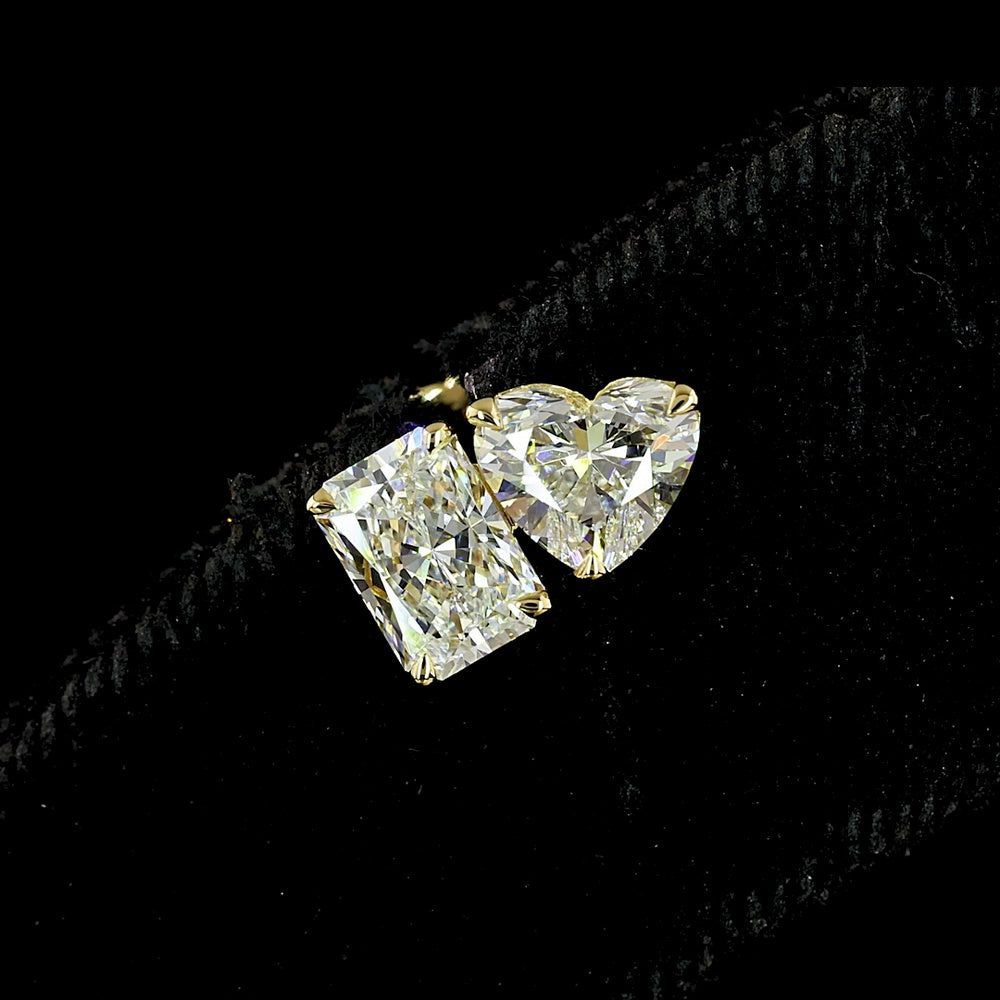 14K Yellow Gold Toi et Moi Stud Earrings with Radiant and Heart Shape Lab Diamonds - 1.95 Carats Total Diamond Weight - Covaloro Fine Jewelry
