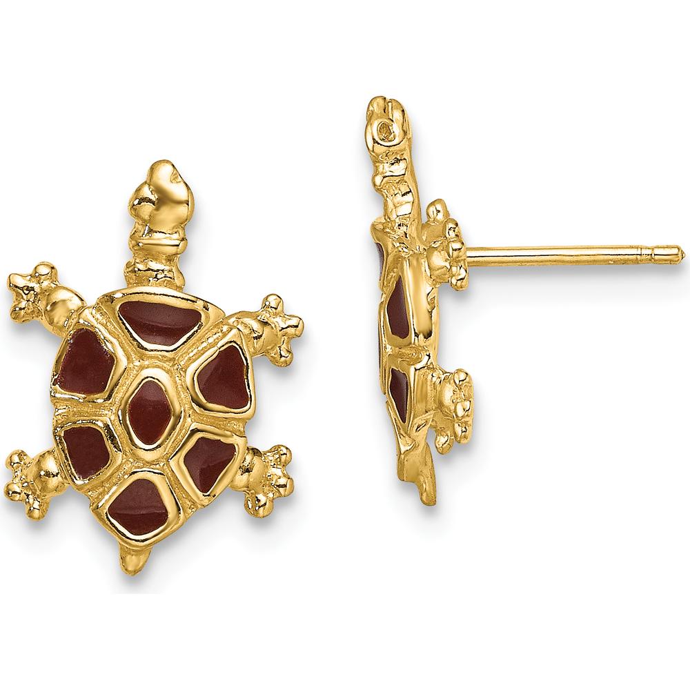 14K Yellow Gold Tortoise Post Earrings with Brown Enamel Accent - Nature-Inspired Design by 0