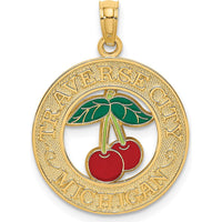 14K Yellow Gold Traverse City Enamel Cherry Charm with Green and Red Accents by Oro Pregiato