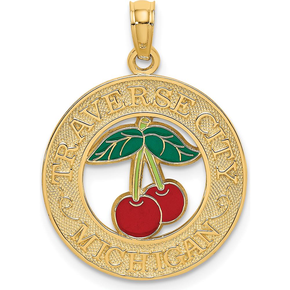 14K Yellow Gold Traverse City Enamel Cherry Charm with Green and Red Accents by Oro Pregiato