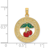 14K Yellow Gold Traverse City Enamel Cherry Charm with Green and Red Accents by Oro Pregiato