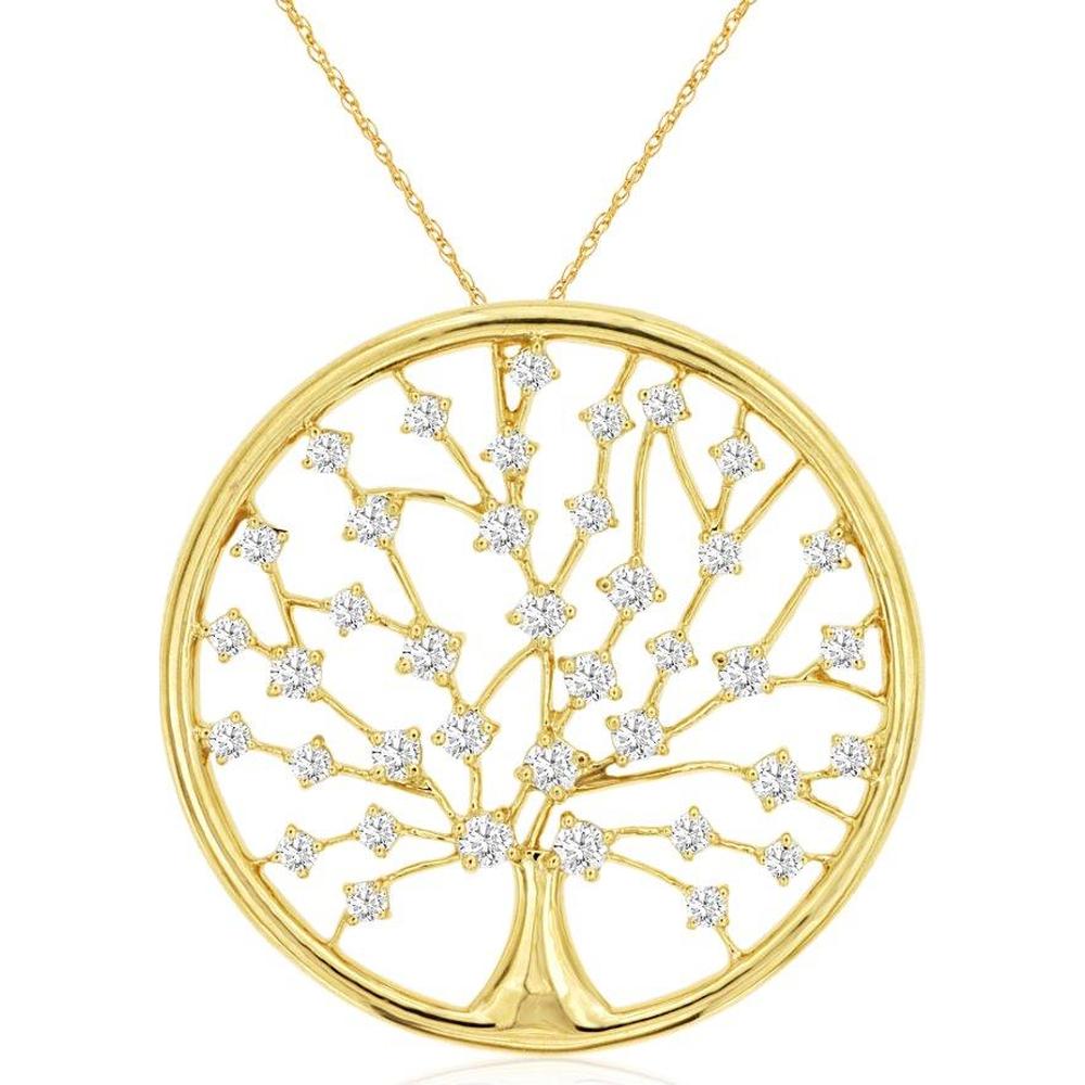 14K Yellow Gold Tree Motif Round Diamond Pendant Necklace - 0.48 Carat Total Diamond Weight - Royal Jewelry