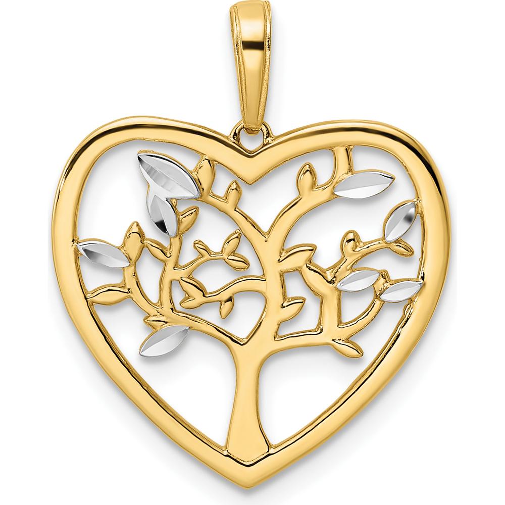 14K Yellow Gold Tree of Life Heart Pendant with Diamond-Cut and Rhodium Accents by Oro Pregiato