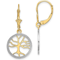 14K Yellow Gold Tree of Life Leverback Earrings with Rhodium-Accented Round Frame by 0