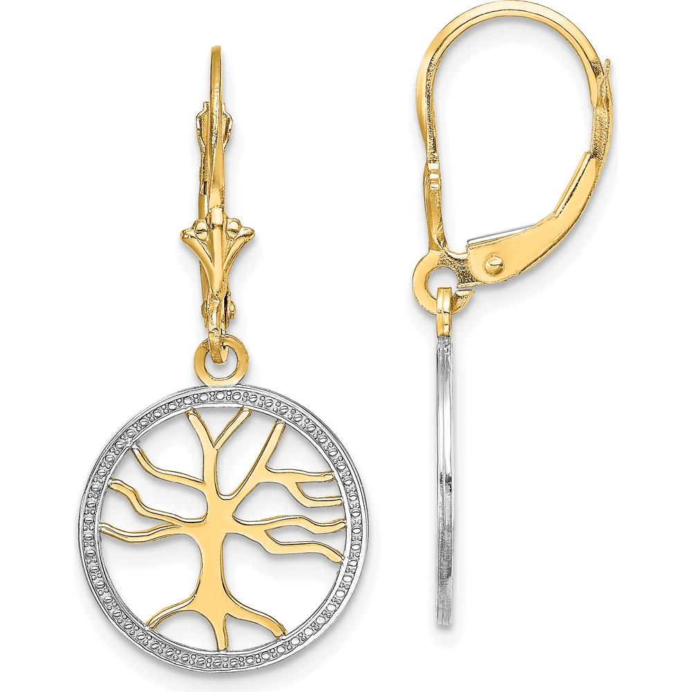 14K Yellow Gold Tree of Life Leverback Earrings with Rhodium-Accented Round Frame by 0