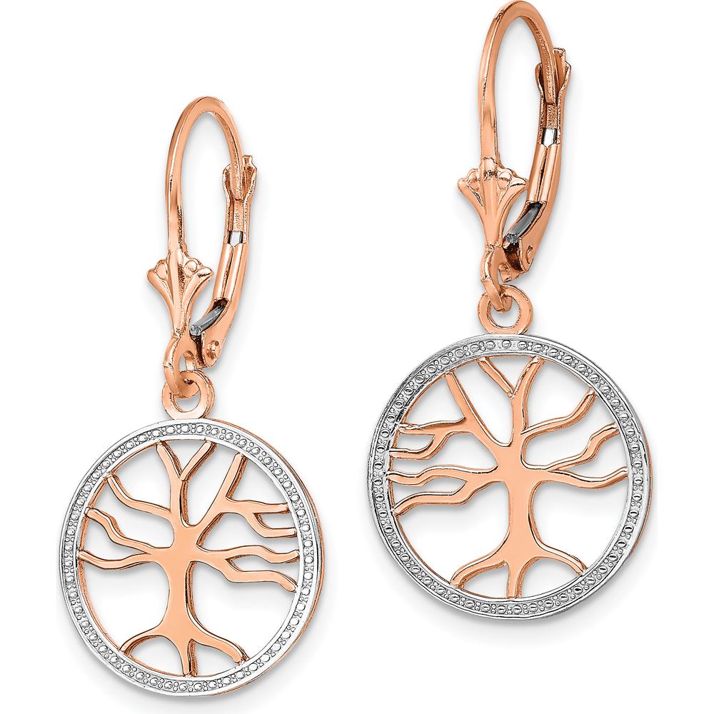 14K Yellow Gold Tree of Life Leverback Earrings with Rhodium-Accented Round Frame by 0