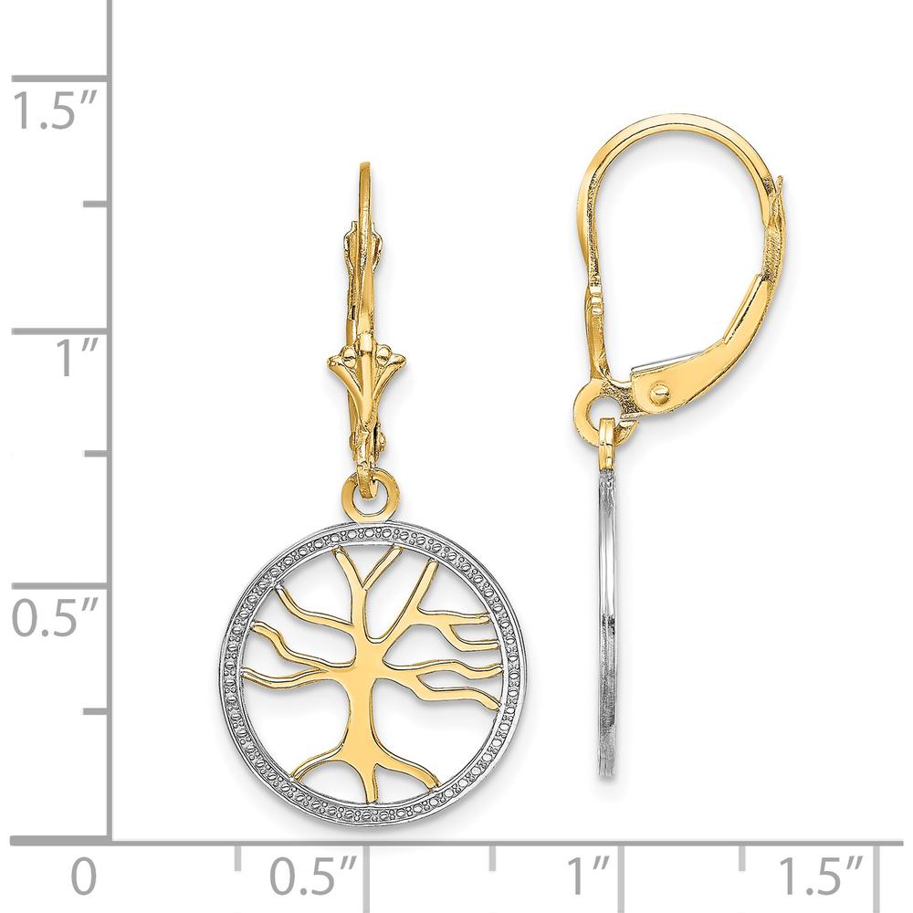 14K Yellow Gold Tree of Life Leverback Earrings with Rhodium-Accented Round Frame by 0