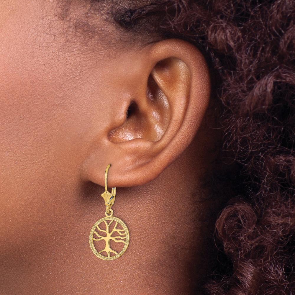14K Yellow Gold Tree of Life Round Frame Leverback Drop Earrings by 0