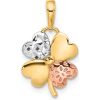 14K Yellow Gold Tri-Tone Clover Pendant with Diamond-Cut Textured Leaves by Oro Pregiato