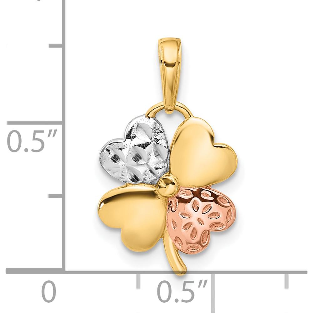 14K Yellow Gold Tri-Tone Clover Pendant with Diamond-Cut Textured Leaves by Oro Pregiato