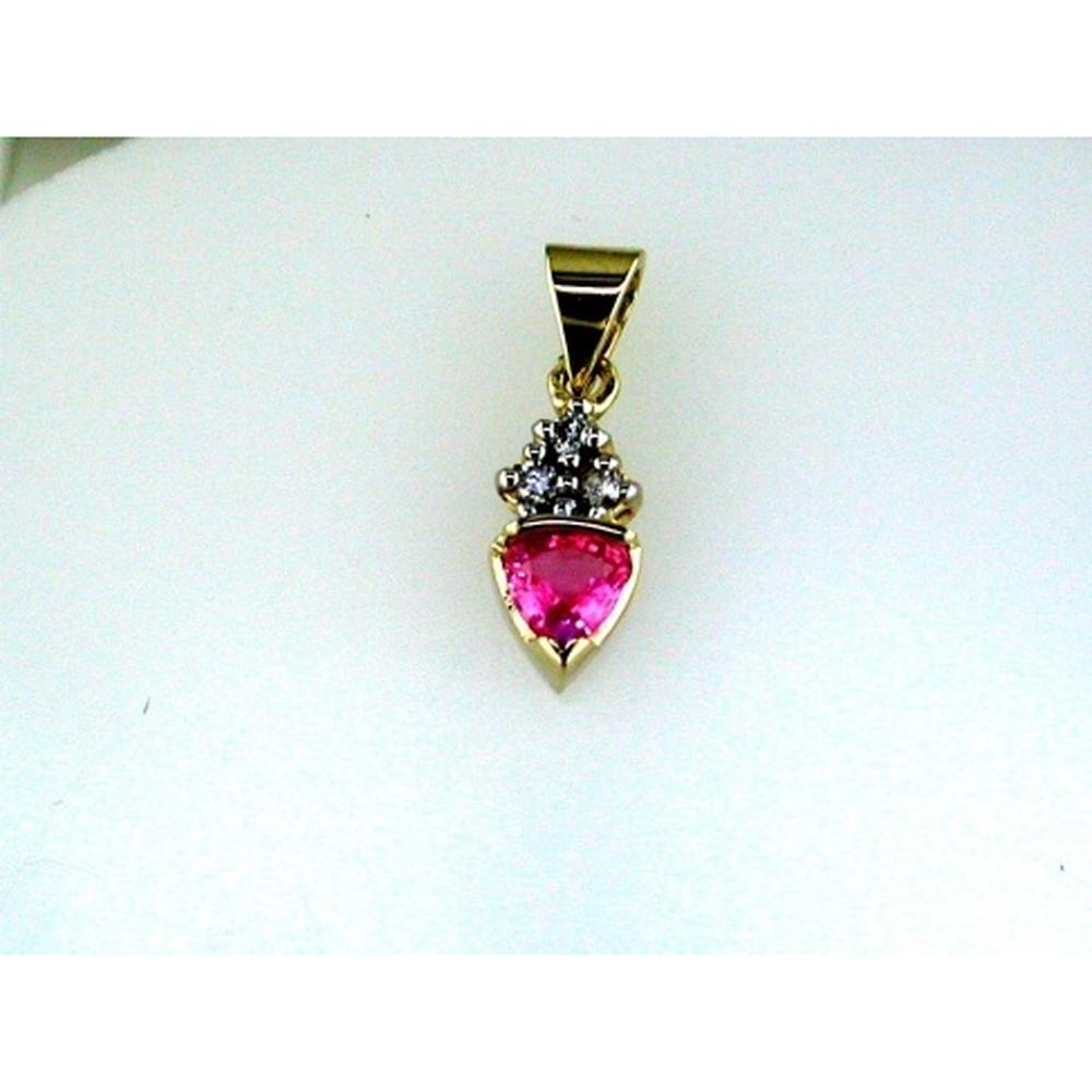 14K Yellow Gold Trillion Cut Pink Sapphire Pendant with Round Diamond Cluster Accents - 0.40 Carat Pink Sapphire, 0.05 Carat Diamonds - Royal Jewelry