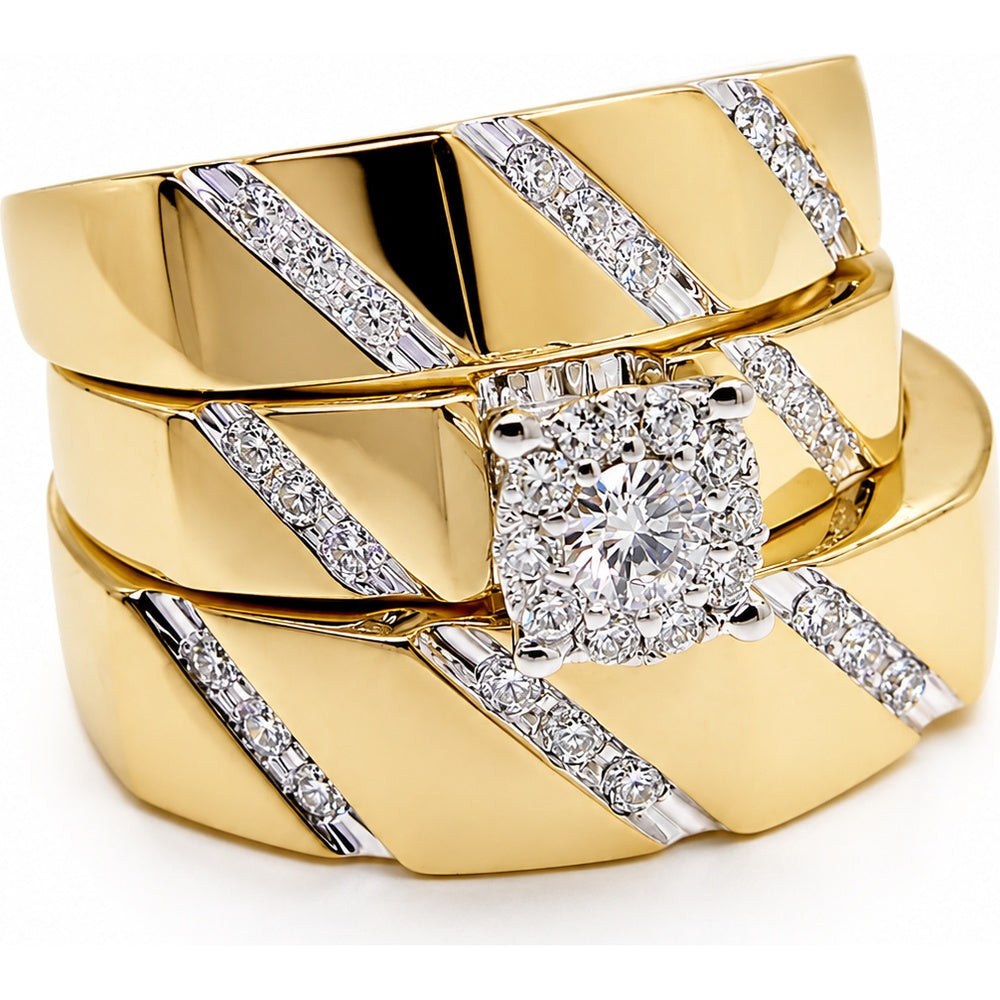 14K Yellow Gold Trio Bridal Ring Set with Cushion Halo Round Diamond and Diagonal Diamond Accents - 0.66 Carat Total Diamond Weight by Auriventus