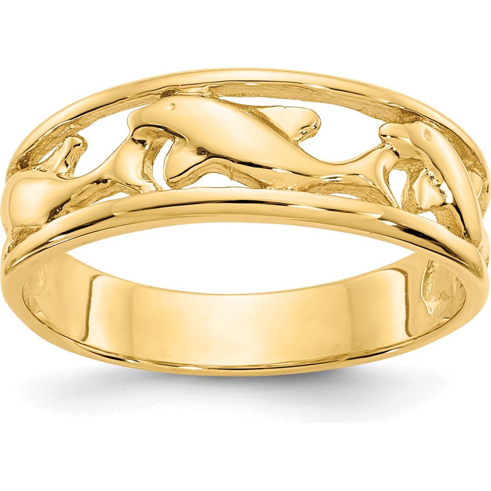 14K Yellow Gold Triple Dolphin Band Ring - 6mm Wide Solid Gold Themed Design by Oro Pregiato