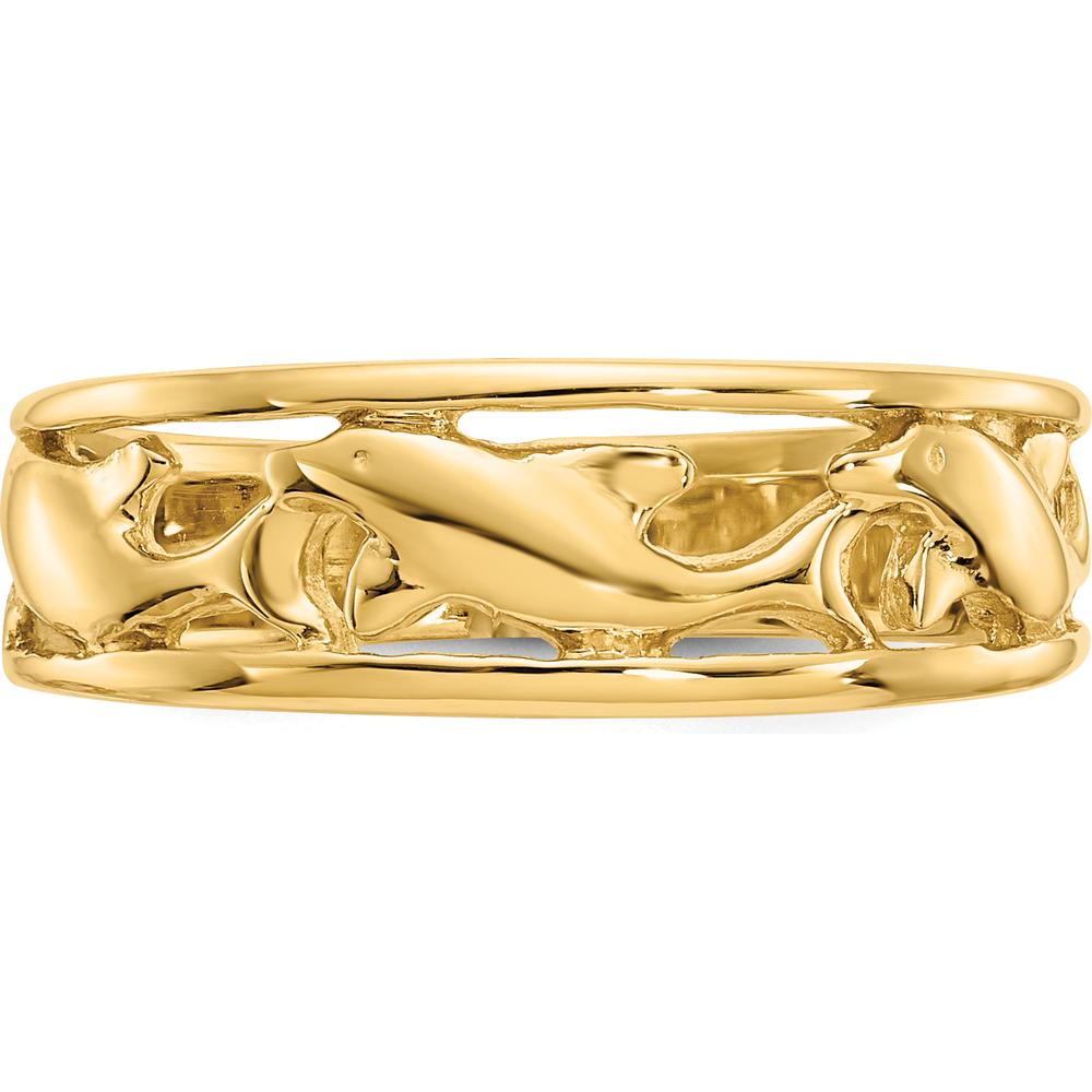 14K Yellow Gold Triple Dolphin Band Ring - 6mm Wide Solid Gold Themed Design by Oro Pregiato