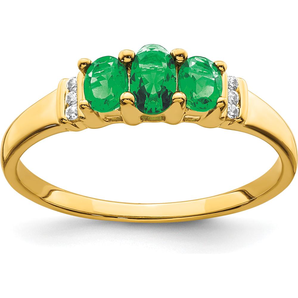 14K Yellow Gold Triple Emerald and Diamond 3-Stone Ring - 0.365 Carat Total Emerald Weight, 0.03 Carat Total Diamond Weight by 0