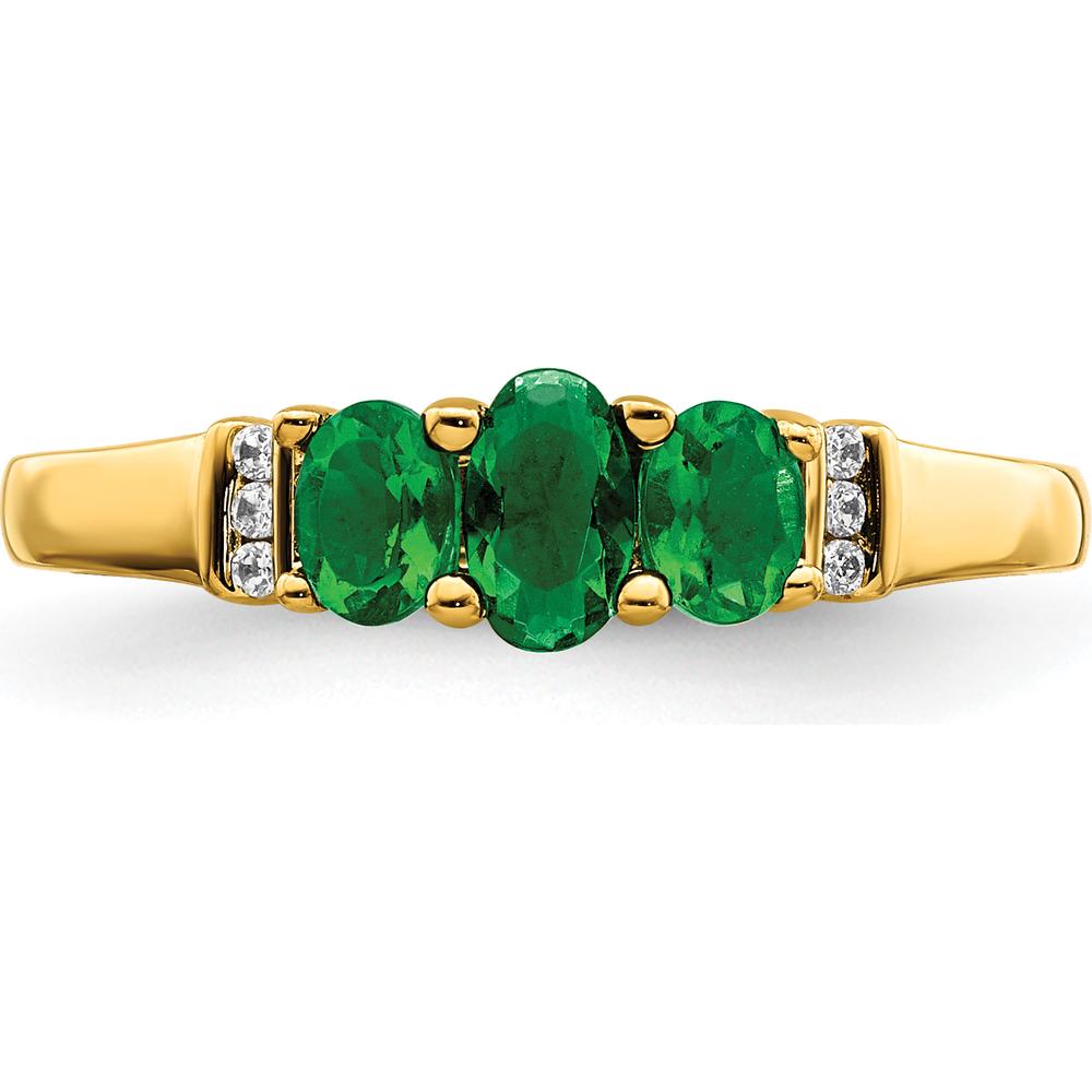 14K Yellow Gold Triple Emerald and Diamond 3-Stone Ring - 0.365 Carat Total Emerald Weight, 0.03 Carat Total Diamond Weight by 0