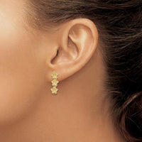 14K Yellow Gold Triple Flower Textured Post Dangle Earrings - 18.3mm Length by 0
