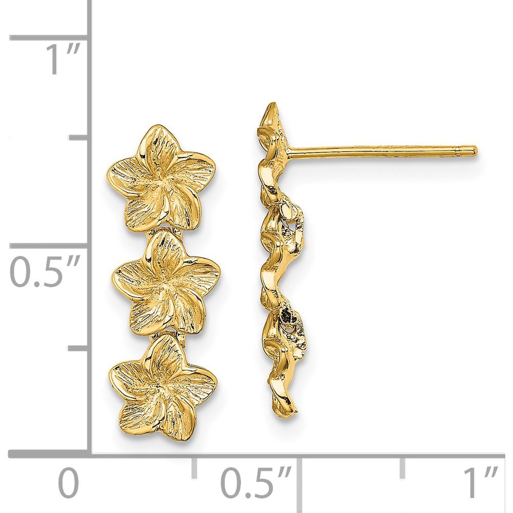 14K Yellow Gold Triple Flower Textured Post Dangle Earrings - 18.3mm Length by 0