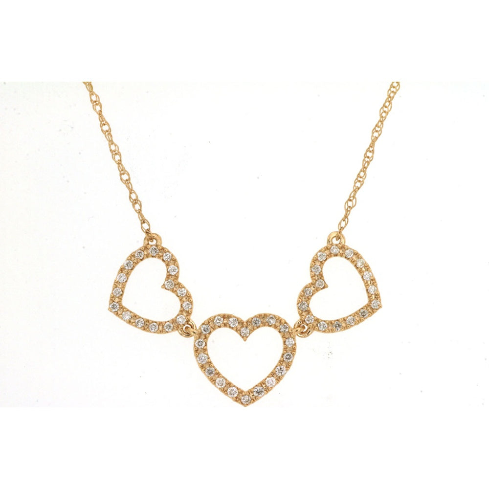 14K Yellow Gold Triple Heart Motif Necklace with Milgrain Detail and Pavé-Set Round Diamonds - 0.15 Carat Total Diamond Weight - Royal Jewelry