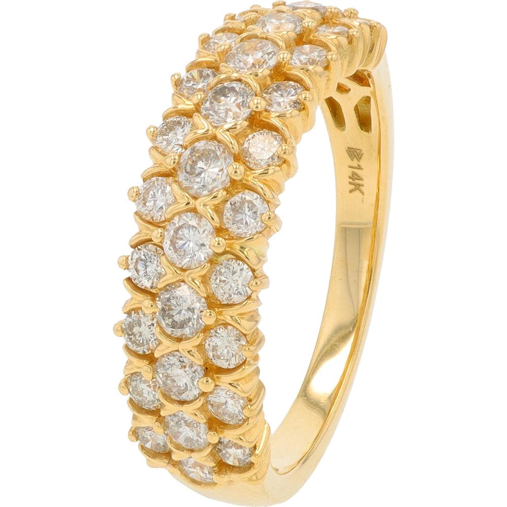 14K Yellow Gold Triple Row Band with Prong Set Round Brilliant Diamonds - 1.00 Carat Total Diamond Weight