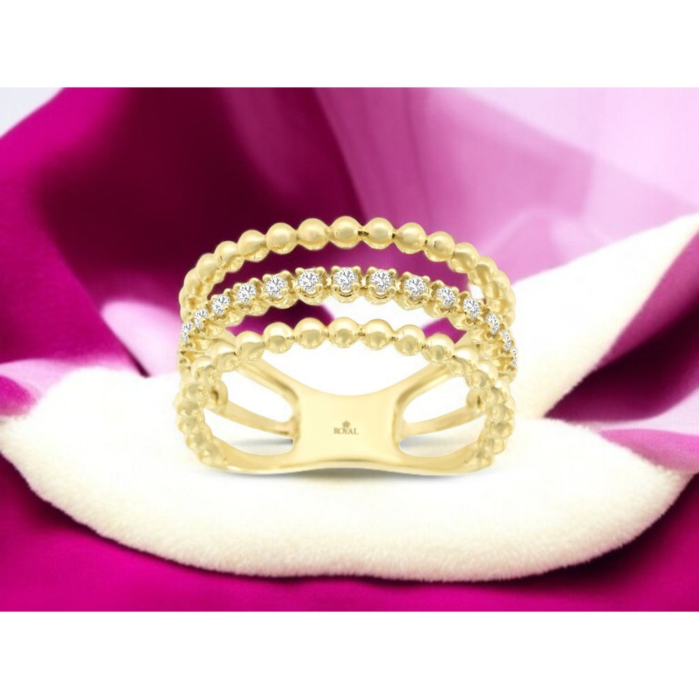 14K Yellow Gold Triple-Row Beaded Wedding Band with Prong-Set Round Diamonds - 0.23 Carat Total Diamond Weight - Royal Jewelry