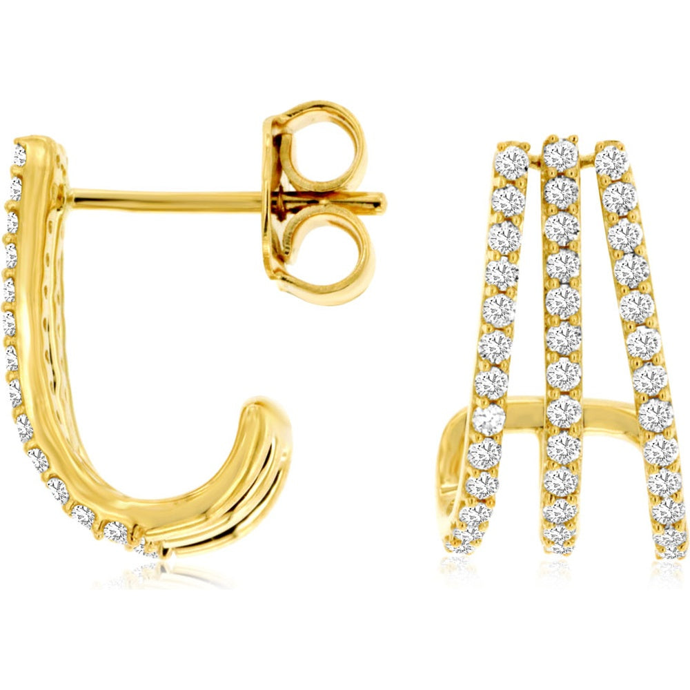 14K Yellow Gold Triple-Row Diamond Huggie Earrings with Prong-Set Round Diamonds - 0.52 Carat Total Diamond Weight - Royal Jewelry
