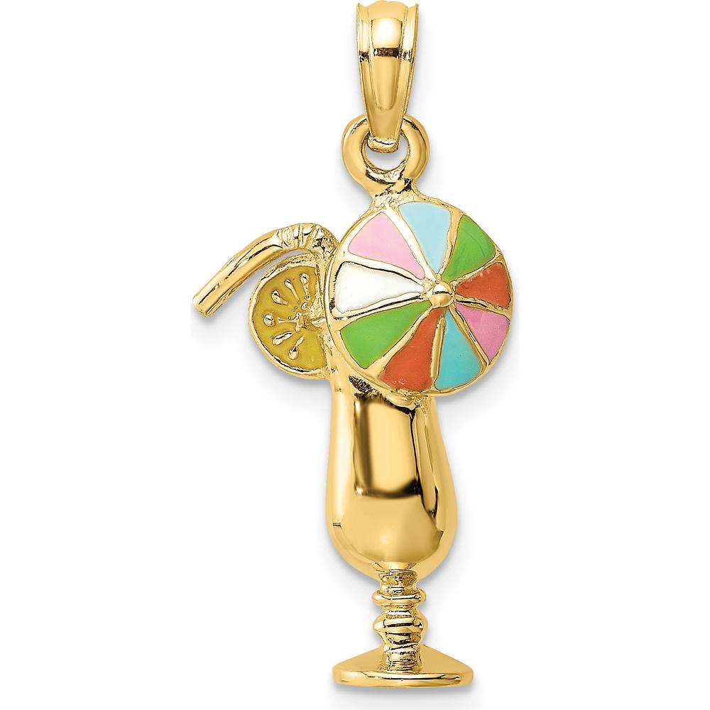 14K Yellow Gold Tropical Drink with Multi-Colored Enamel Umbrella Charm - 18.6mm Length, 11.6mm Width by Oro Pregiato