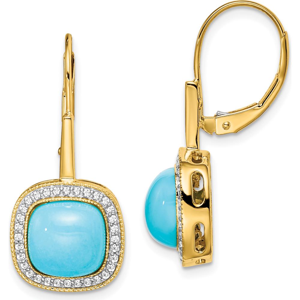 14K Yellow Gold Turquoise and Diamond Drop Earrings with Cushion Cut Turquoise - 2.26 Carat Total Turquoise Weight by Monteluci Fine Jewelry