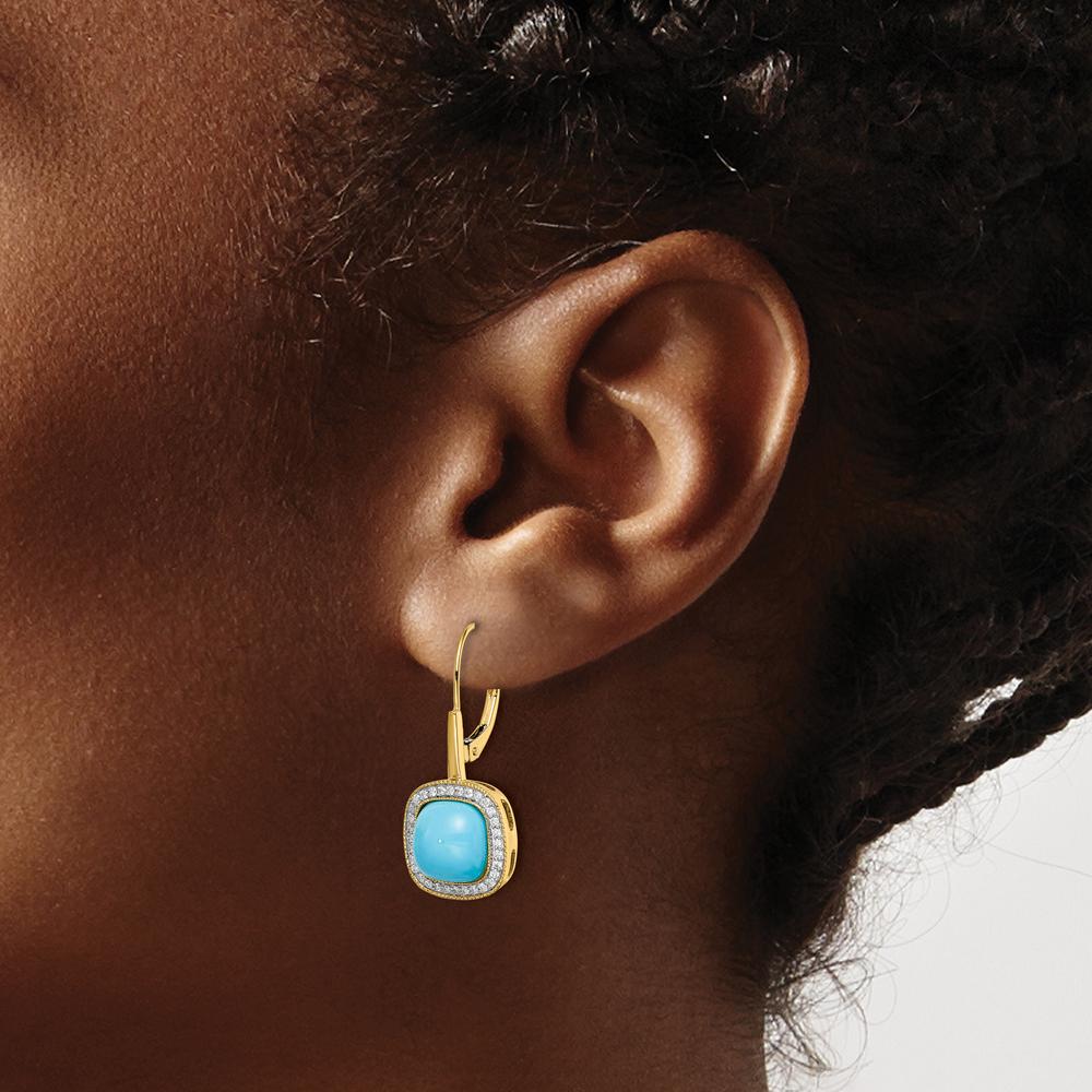 14K Yellow Gold Turquoise and Diamond Drop Earrings with Cushion Cut Turquoise - 2.26 Carat Total Turquoise Weight by Monteluci Fine Jewelry