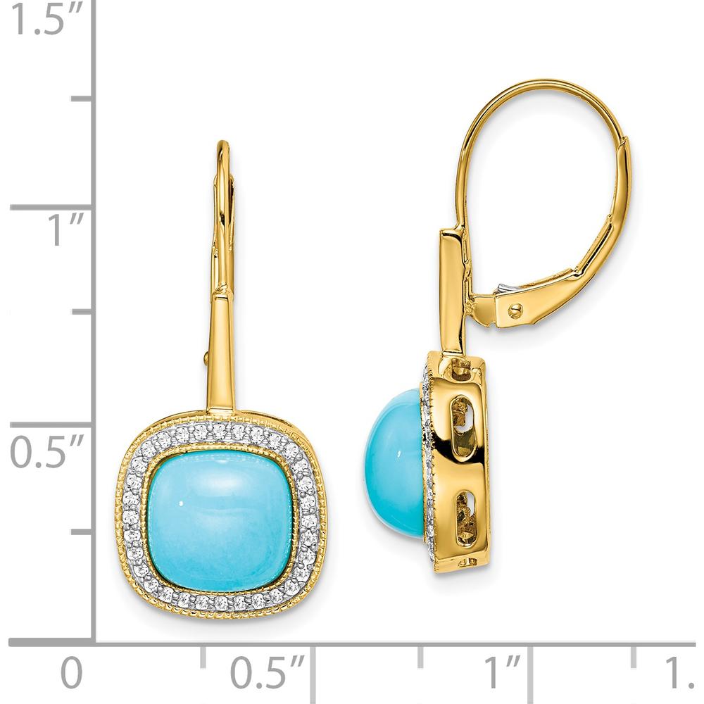 14K Yellow Gold Turquoise and Diamond Drop Earrings with Cushion Cut Turquoise - 2.26 Carat Total Turquoise Weight by Monteluci Fine Jewelry