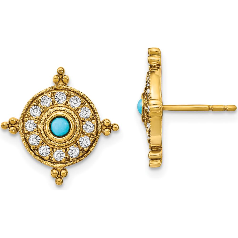 14K Yellow Gold Turquoise and White Topaz Button Earrings - 0.0575 Carat Total Gem Weight by Monteluci Fine Jewelry