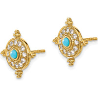 14K Yellow Gold Turquoise and White Topaz Button Earrings - 0.0575 Carat Total Gem Weight by Monteluci Fine Jewelry