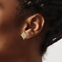 14K Yellow Gold Turquoise and White Topaz Button Earrings - 0.0575 Carat Total Gem Weight by Monteluci Fine Jewelry