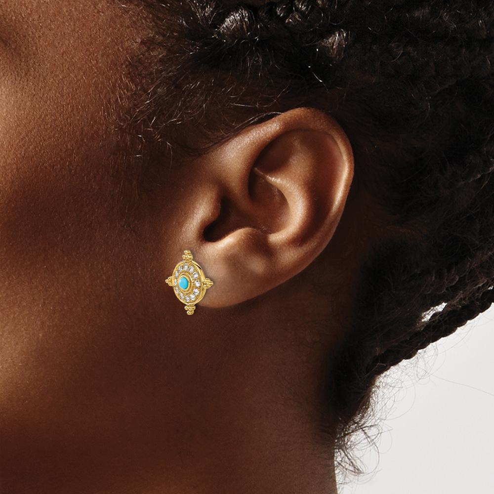 14K Yellow Gold Turquoise and White Topaz Button Earrings - 0.0575 Carat Total Gem Weight by Monteluci Fine Jewelry
