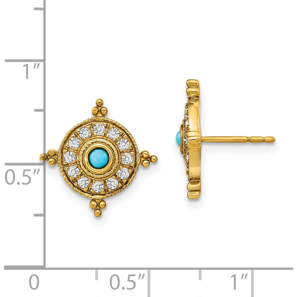 14K Yellow Gold Turquoise and White Topaz Button Earrings - 0.0575 Carat Total Gem Weight by Monteluci Fine Jewelry