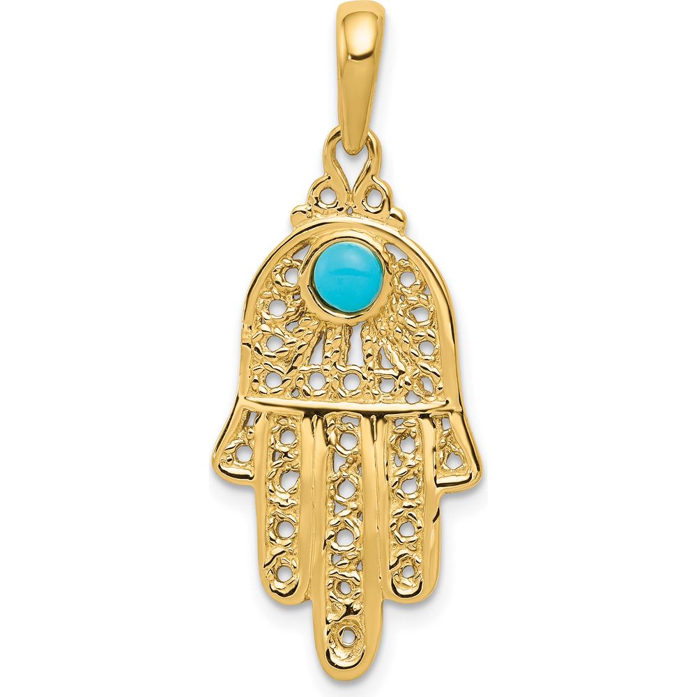 14K Yellow Gold Turquoise Filigree Chamseh Pendant with Round Turquoise - 3.5mm by Oro Pregiato