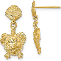 14K Yellow Gold Turtle and Shell Post Dangle Earrings - 22.85mm Length by 0