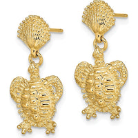 14K Yellow Gold Turtle and Shell Post Dangle Earrings - 22.85mm Length by 0