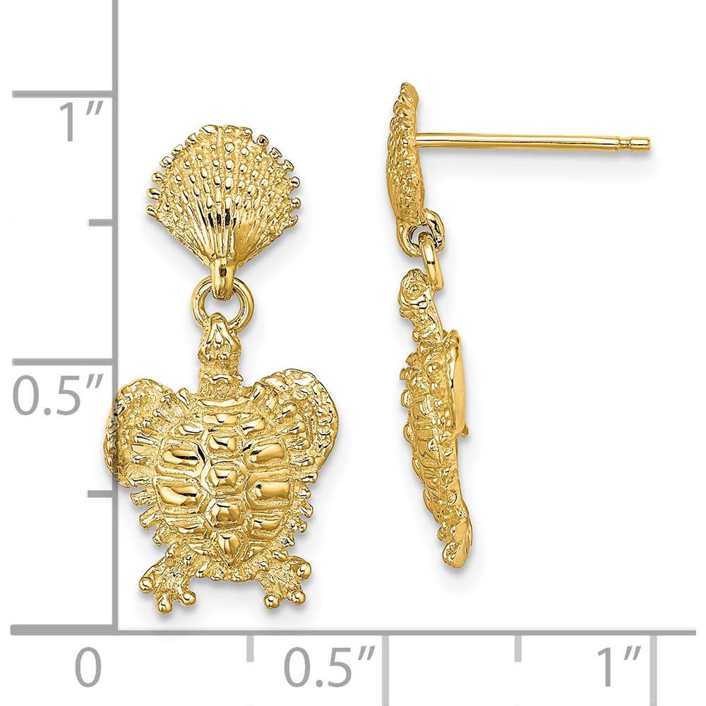 14K Yellow Gold Turtle and Shell Post Dangle Earrings - 22.85mm Length by 0