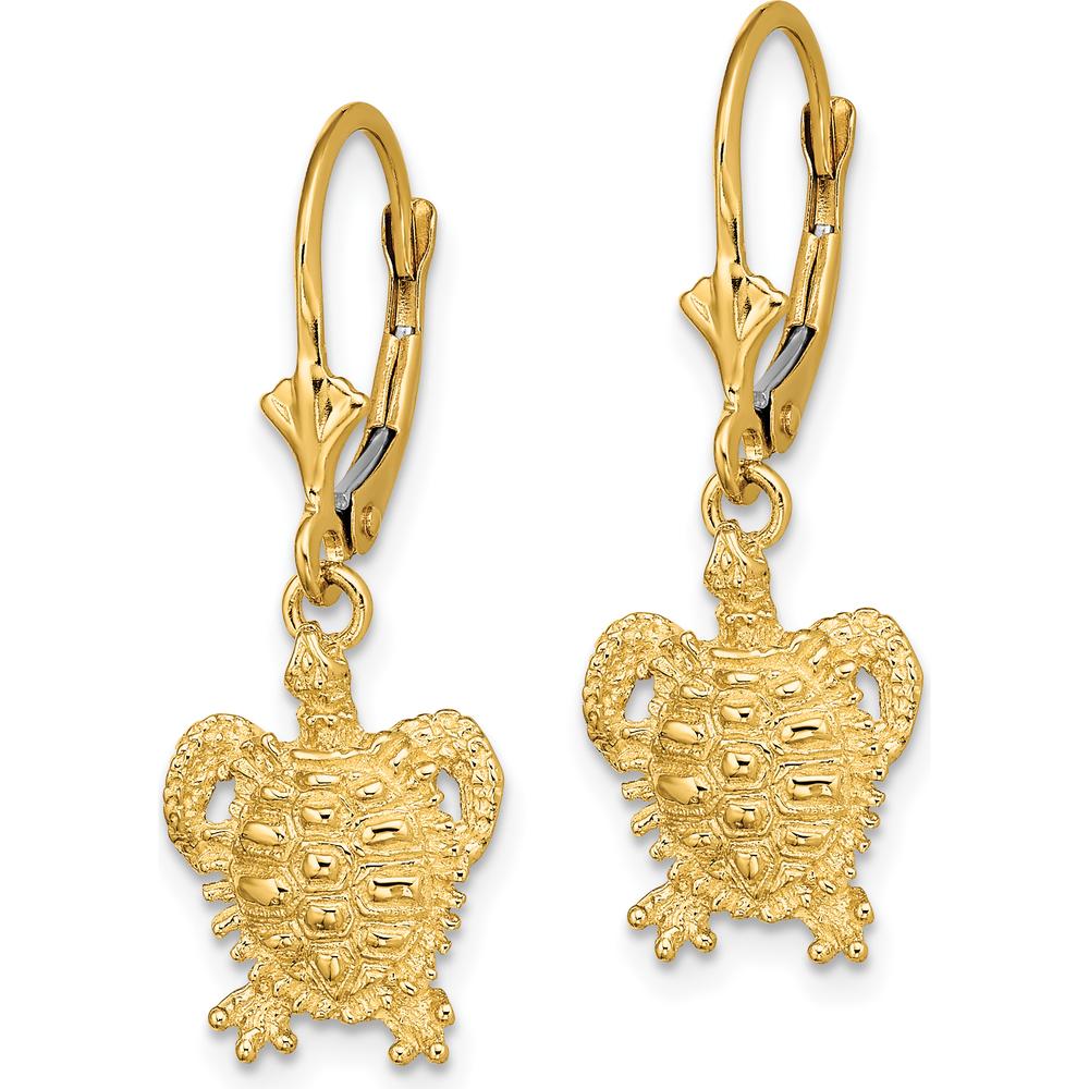 14K Yellow Gold Turtle Leverback Drop Earrings with Polished Motif Detailing by 0