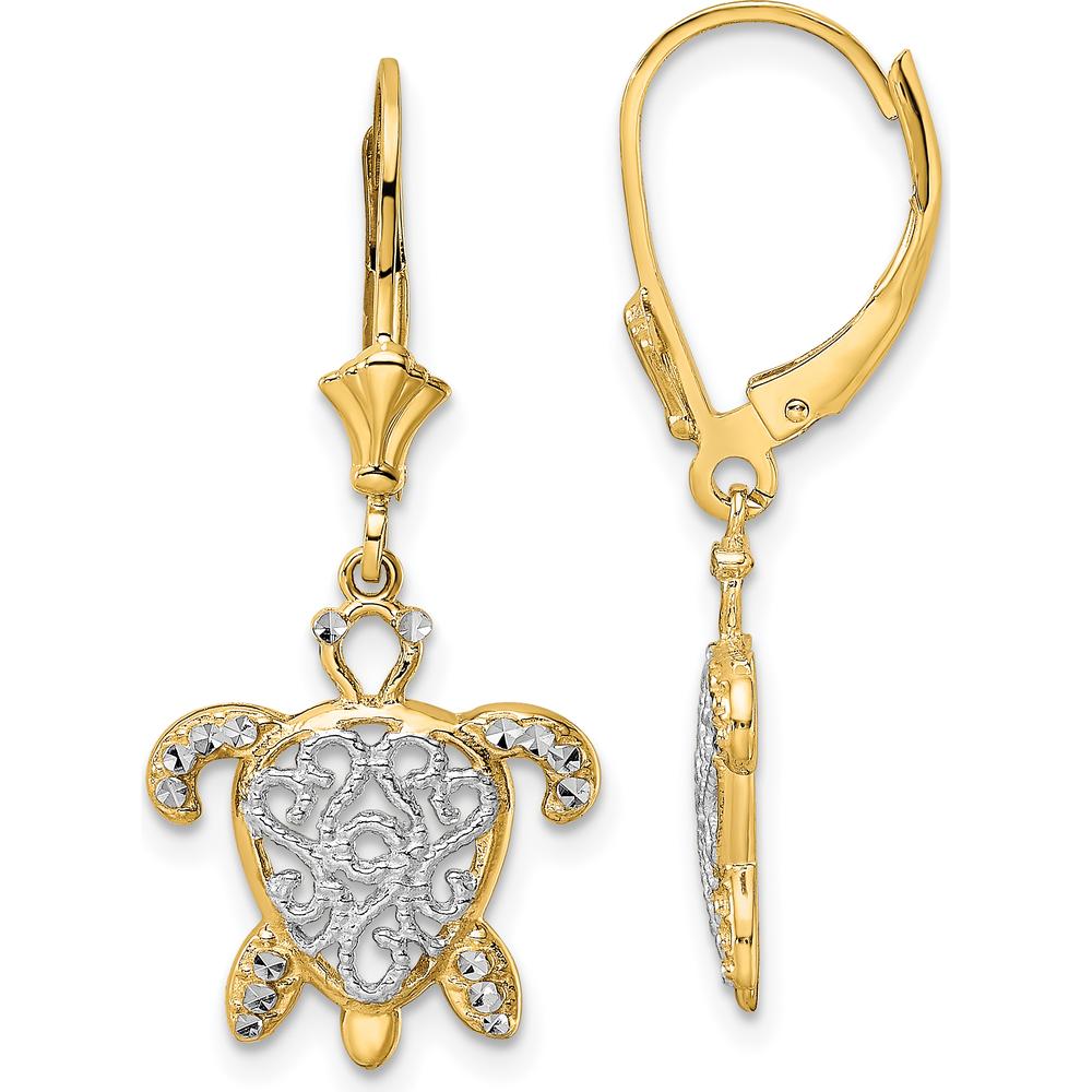 14K Yellow Gold Turtle Leverback Earrings with Diamond-Cut Filigree Design by 0