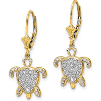 14K Yellow Gold Turtle Leverback Earrings with Diamond-Cut Filigree Design by 0