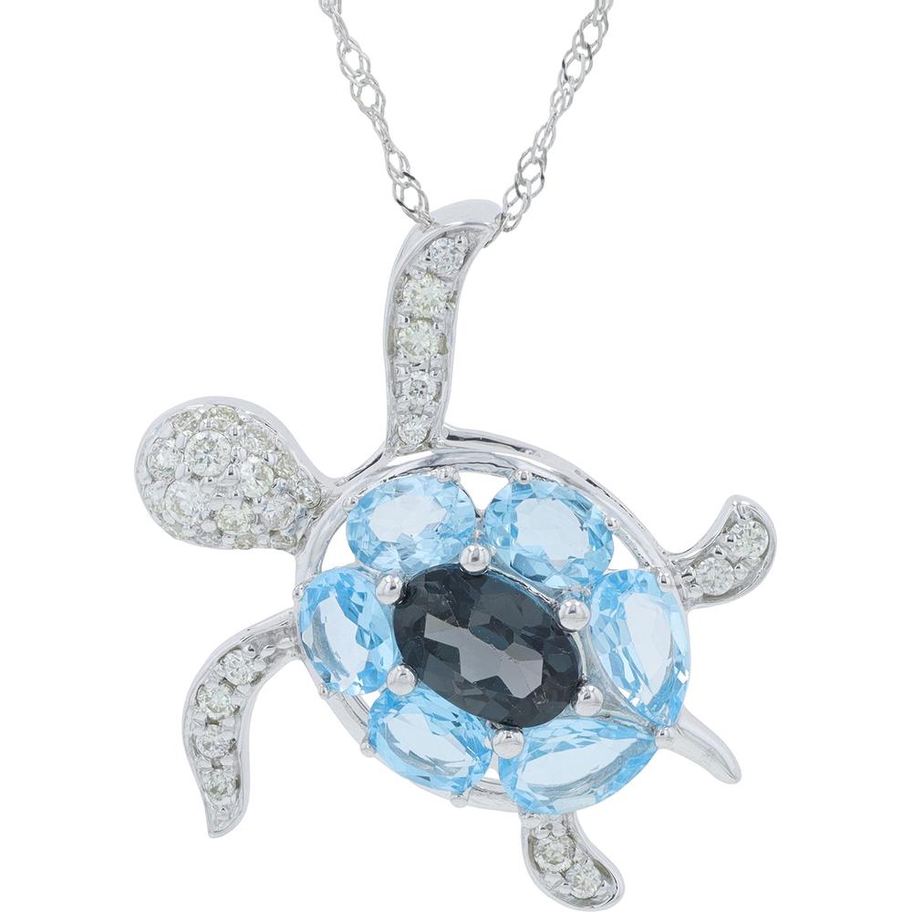 14K Yellow Gold Turtle Pendant with Blue Topaz and Diamond Accents - 1.70-1.85 Carat Total Blue Topaz, 0.25 Carat Total Diamond Weight