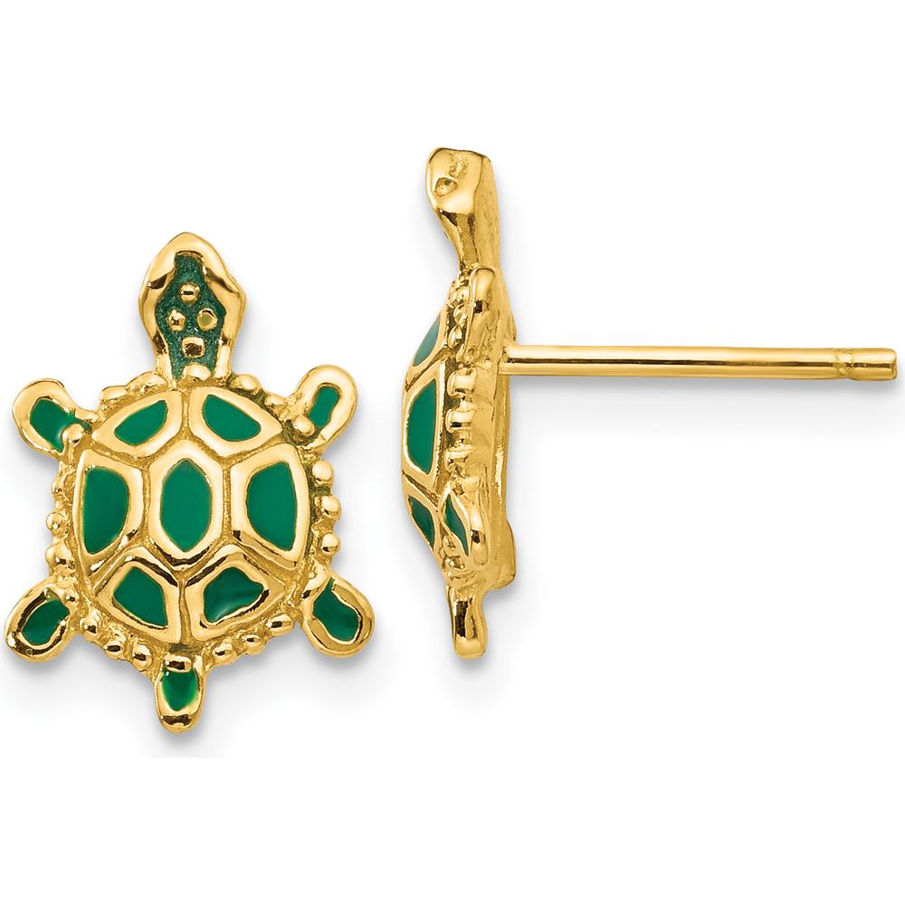 14K Yellow Gold Turtle Post Earrings with Green Enamel Accents by 0