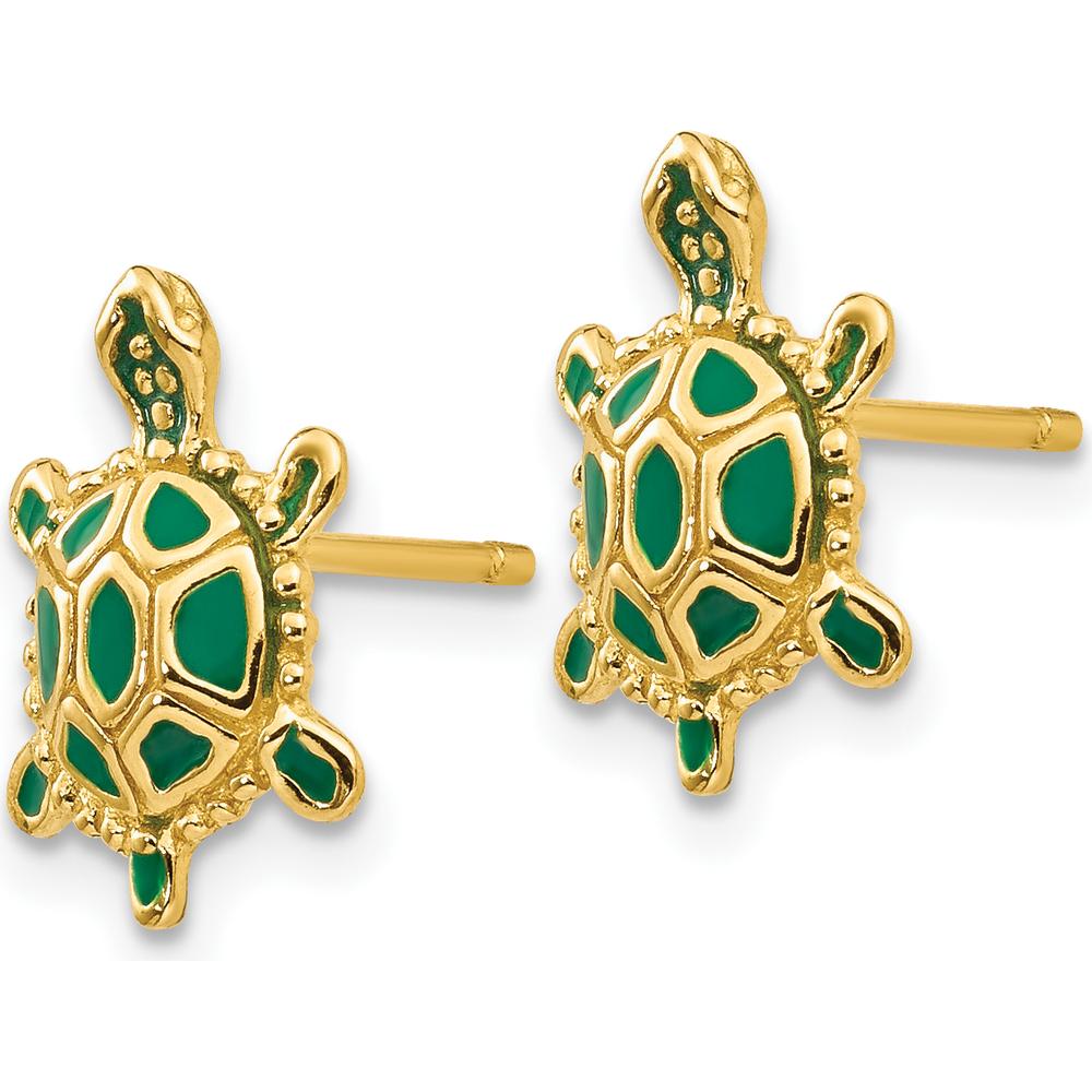 14K Yellow Gold Turtle Post Earrings with Green Enamel Accents by 0
