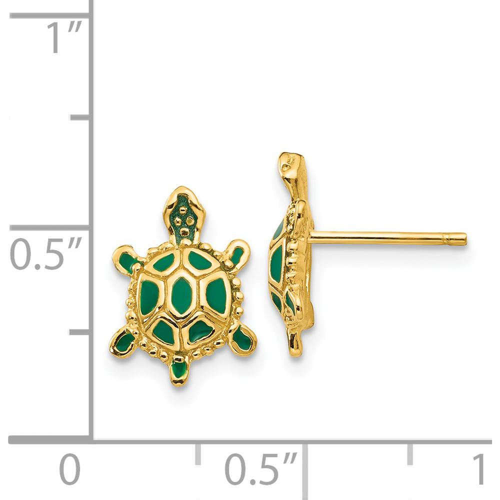 14K Yellow Gold Turtle Post Earrings with Green Enamel Accents by 0
